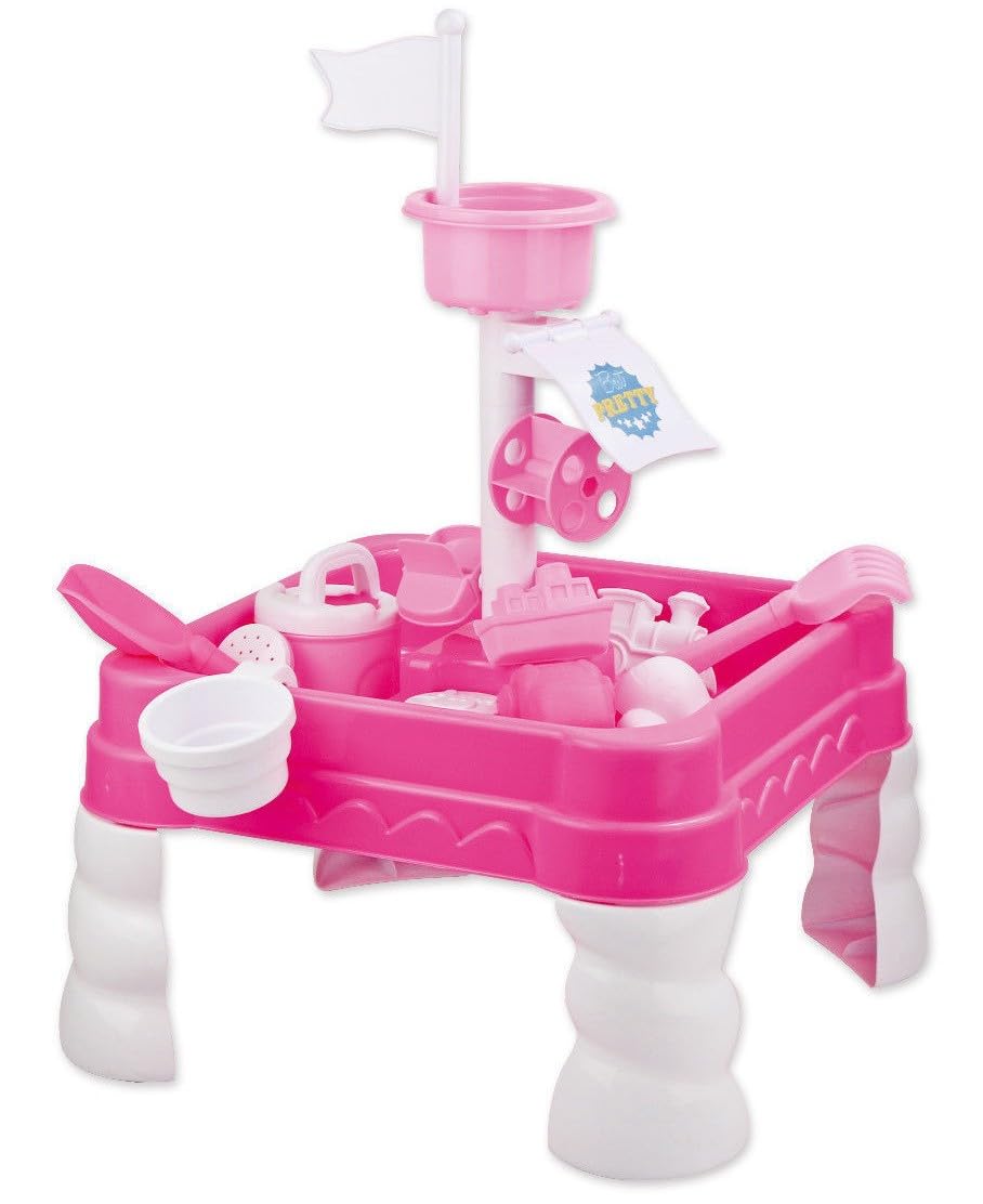 Quickdraw Kids Sand and Water Table with Water Mill – 16 Piece Accessories Pink Outdoor Sensory Play Table for Toddlers Boys Girls 3+ Garden Sandpit Water Activity Toy 58cm