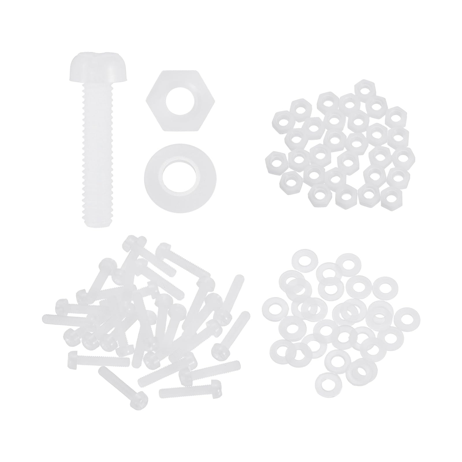 sourcing map 30 Set M2x12mm Nylon PA66 Plastic Cross Round Head Screw Phillips Bolts Hex Nuts Flat Washers Assortment Kit, Metric Full Thread Bolt Fasteners for DIY Machine Assembly, White