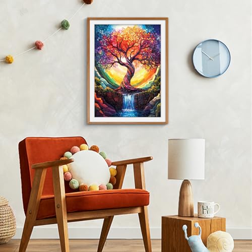 Image of SANYUN Tree of Life Diamond Painting Kits for Adults,Abstract Scenery Full Drill Diamond Art Kits for Beginners,12x16inch Colorful Diamond Dot Art Waterfall for Holiday Gift and Wall Decor