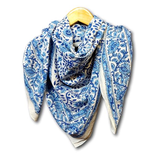 Cotton Scarf for Women Lightweight Soft Sheer Block Print Summer Floral Bandana Blue Green Scarf Stole Wrap 21x21 in2