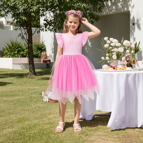 LQSZ Girls Tutu Dress Irregular Tulle Flutter Sleeve A-Line Princess Gown Flower Girl Birthday Party Ball Gown 3-12Y4
