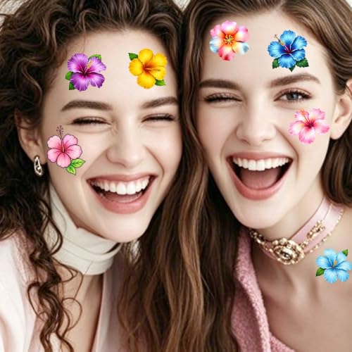 Image of Bilizar 50 Sheets Hibiscus Temporary Tattoos For Aloha Party Favor Supplies Summer Tattoo Sticker, Hawaii Flower Hibiscus Plumeria Fake Tattoos For Women Adults Hawaiian Beach Pool Party Decoration