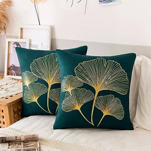 ETOLISHOP Lot de 2 Housse de Coussin Canapé 40x40cm Housse de Coussin Moderne Velours Ginkgo Biloba Motif Taie d'oreiller Bleu Vert Housses de Coussin Salon Housses...