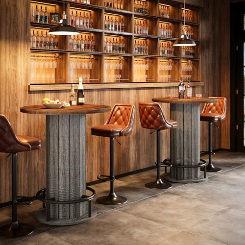 Image of Tribesigns Round Dining Table Set of 2, Bar Height Commercial Kitchen Table with Wood Strip Base and Footrest, for Dining Room, Restaurant, Cafe, Bakery, Pub, Apartment, Brown & Gray (Only Table)