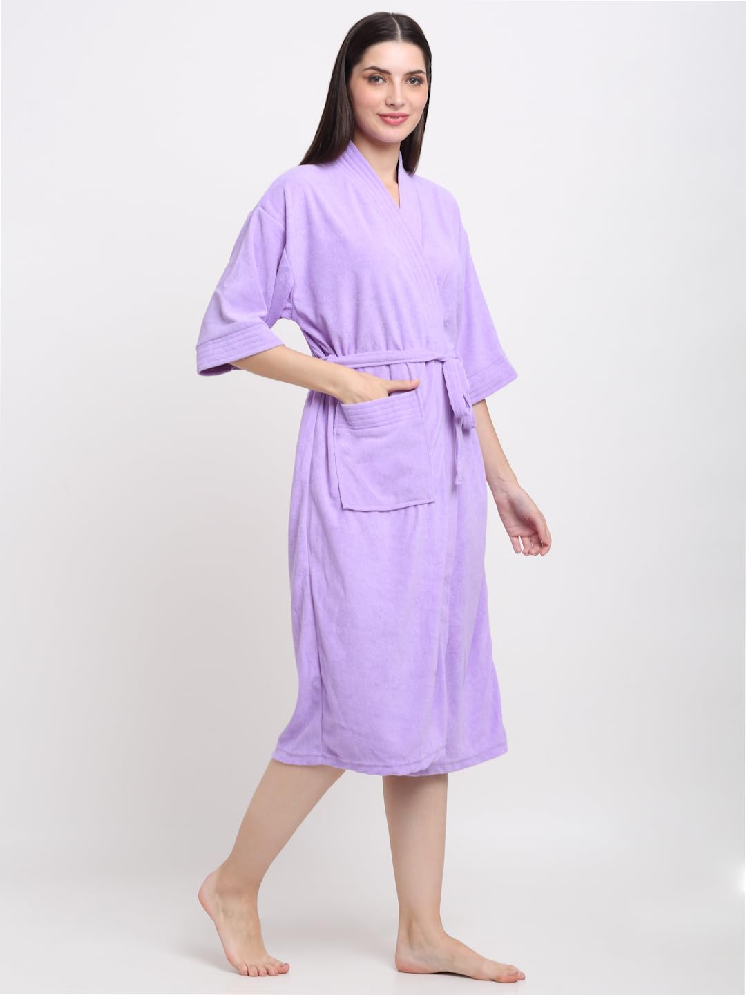 CREEVA Everyday Unisex Micro Terry Bathrobe Collection With kimono collar and 1 Pocket, 3/4 Sleeve Bath Robe Super Soft Light Weight - Lilac - Image 2 thumbnail
