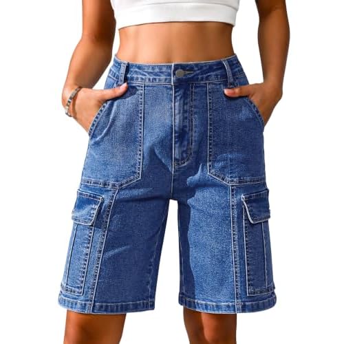 Eddoyee Bermuda Cargo Shorts for Women Casual Long Knee Length High Waisted Stretch Wide Leg Relaxed Fit