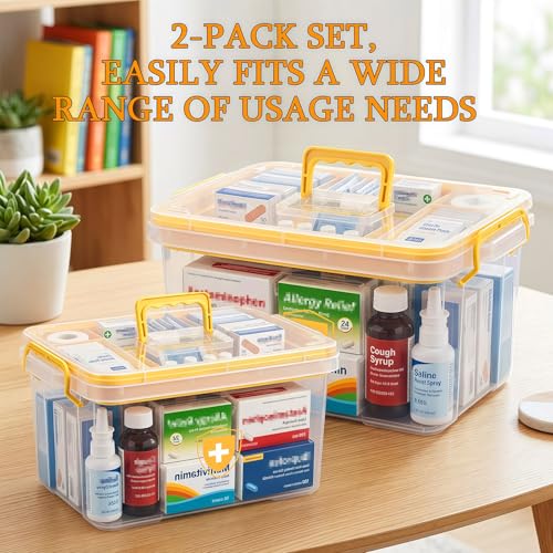 Image of 2 Pack Clear Medicine Organizer Box with Handle, Plastic Medicine Container with Tray First Aid Box Empty, Thickened Medicine Storage Organizer Multipurpose Medication Organizer Storage, Yellow