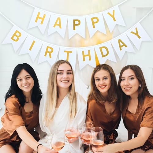 Image of White Happy Birthday Banner With Shiny Gold Letters- 16 ft Pre-Strung Gold & White Birthday Party Decorations Sign for Girls, Boys, Kids, Women - No DIY Hanging Backdrop for Indoor & Outdoor Celebrations