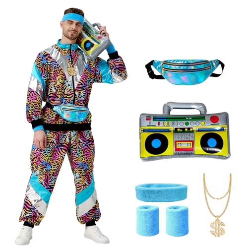 AudMsier 80er 90er Jahre Outfit Herren Damen, Retro Trainingsanzug für Männer Frauen, Disco Kostüm für Karneval Fasching Party (Leopardenmuster, XL)