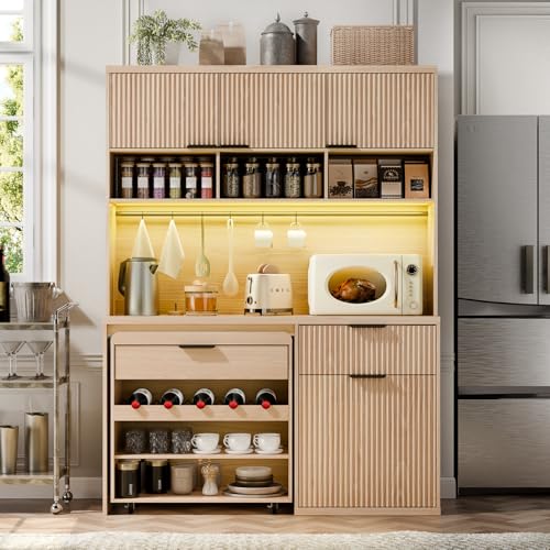 71\" Tall Pantry Cabinet with Wine Cabinet Cart, Kitchen Storage Cabinets with LED Light & Charging Station, Kitchen Hutch with Microwave Stand, Freestanding Food Pantry with for Dining Room, Natural