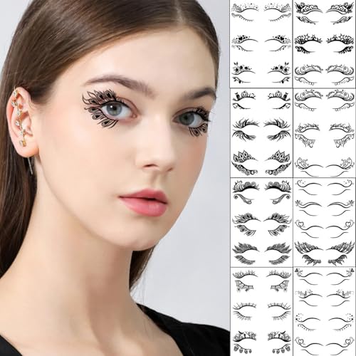 8 sheets/ 26 Pairs Eyeshadow Face Tattoo Stickers Black Spider Web Skull Bat Temporary Eye Shadow Eyeliner Decals Women Makeup Halloween Masquerade Party Supplies
