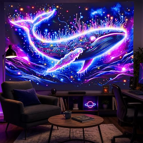 Image of BlissYard Blacklight Tapestry Glow In The Dark Tapestry UV Reactive Tapestry 78x59 Inches Cosmic Whale Fluorescent Wall Hanging with Neon Circuitry Tapestry for Bedroom Space and Technology Theme