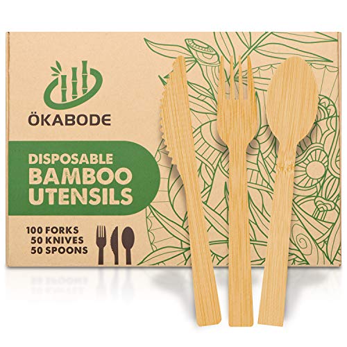 Ã–KABODE Disposable Bamboo Utensils, 200 Pack | 100% Bamboo Cutlery NOT Wooden Cutlery | Eco-Friendly Compostable Cutlery | 100% Biodegradable Utensils | 100 Bamboo forks, 50 Knives, 50 Spoons