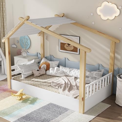 Oslghy Cama Infantil 90x200 cm, Cama de Casa con Techo, Cama Nido para niños y niñas, Cama de Madera con Valla, Cama Familiar Individual con Protección Anticaídas y Somier, Blanco, Sin Colchón
