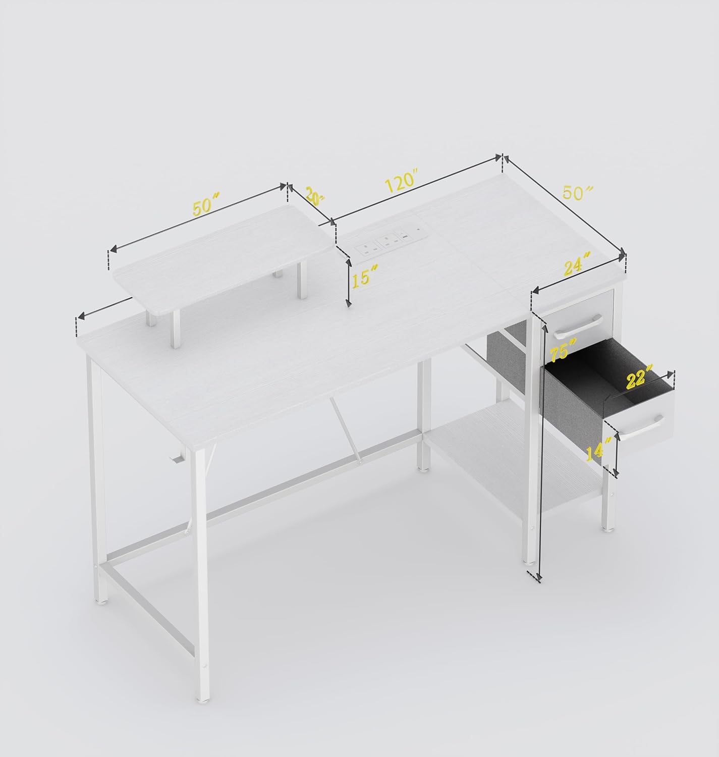 Scrivania con prese, 2 cassetti e supporto per monitor rimovibile, 120 x 50 cm, tavolo per computer, tavolo per casa, ufficio, studio, camera da letto, bianco