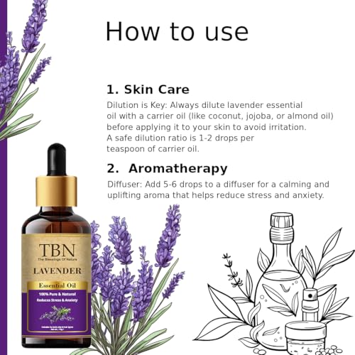 Image of TBN 100% Pure Lavender Essential Oil for Aroma Therapy, Stress Relief, Hair, Skin | Lavender Essential Oil For Diffuser, Cold & Cough & Pain Relief - 15ML