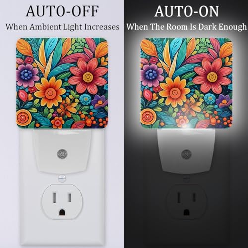 Image of NEWzone Colorful Boho Florals Night Light [2 Pack], Plug in Wall Led Night Lights Decor for Boys Girls Room, Dusk to Dawn Sensor Wall Lamp for Stairway /Bedroom /Kitchen /Nursery Room