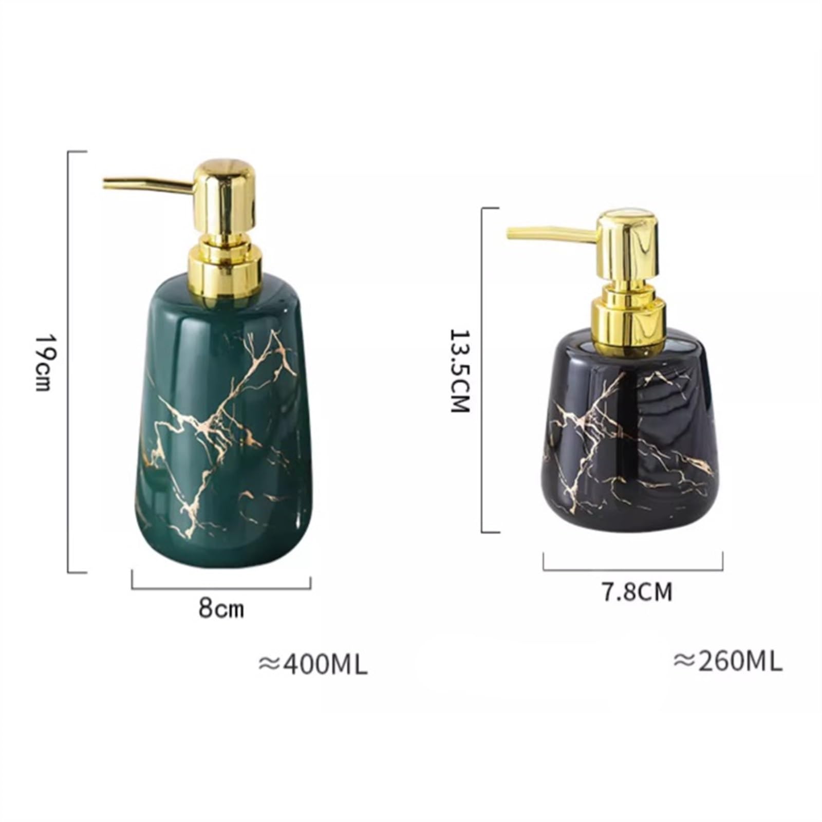 Dispensador de jabón cerámico con Textura de mármol y Bomba Dorada, dispensador de líquido Recargable para Cocina y baño (Verde L)