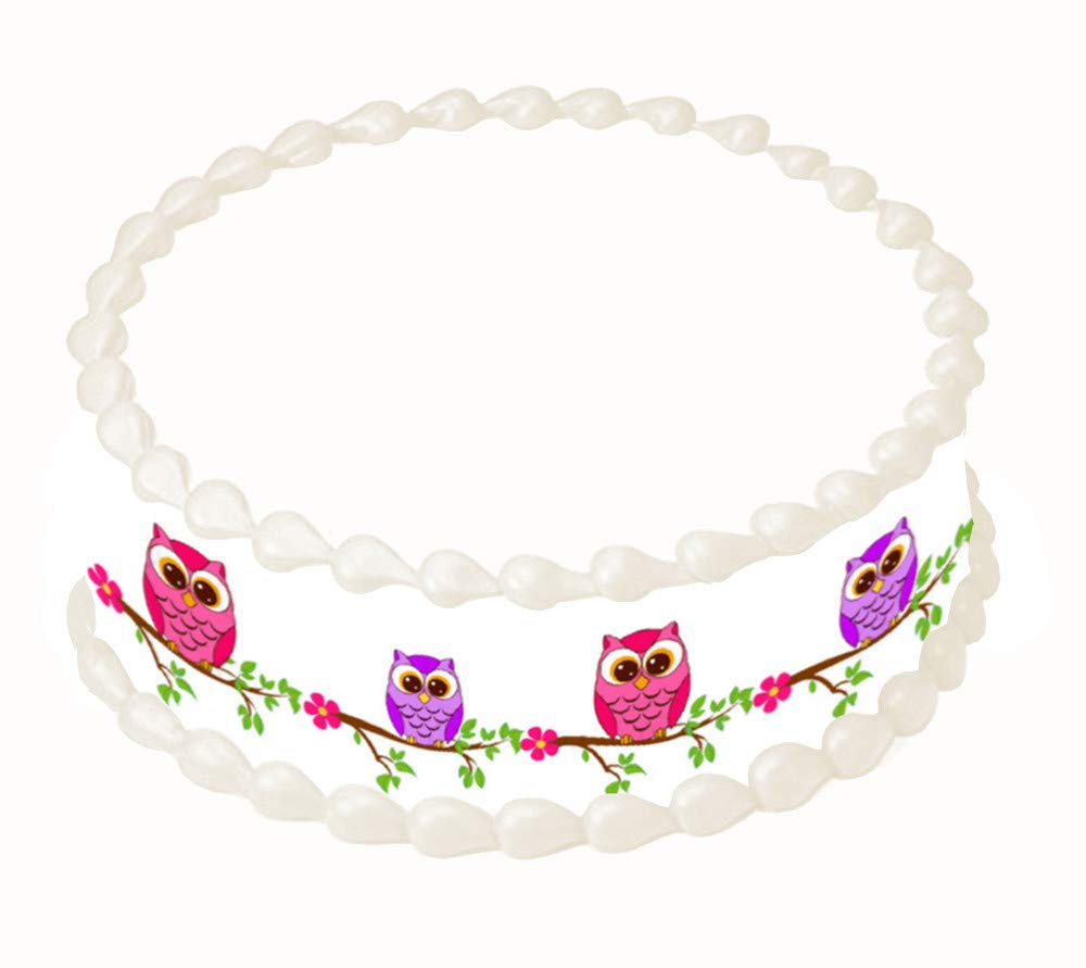 Pink Owl on the branch Set of 3 Edible pre-cut Cake strips side border Birthday Party Decoration.