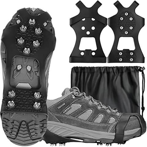Rhino Valley Ice Cleats Spikes Crampons, 10 Stainless Steel Spikes Ice Grips for Men Women Shoes Boots Anti Slip Ice Grips Silicone Traction Cleats Hiking Fishing Walking Mountaineering, L(UK:7-9) Cover