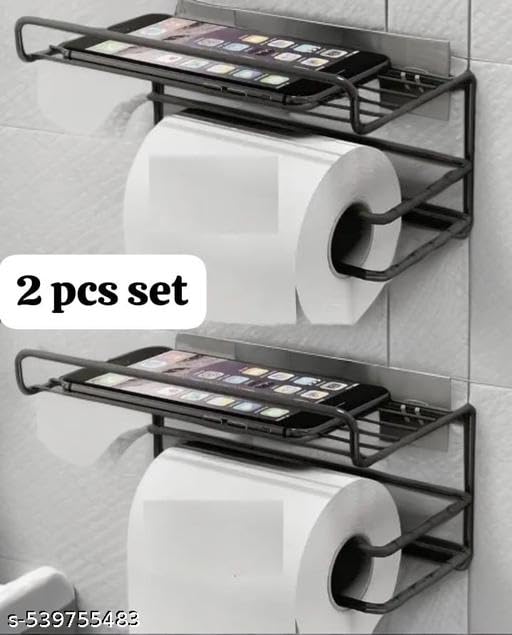 2 PIS Set No Drill Self Adhesive Toilet Paper Holder/Tissue Paper Roll Holder with Mobile Stand/Towel Holder/Bathroom Accessories (Black, Pack of 2)2PIS (Mobile+Tissue) / 515_KP2189 1