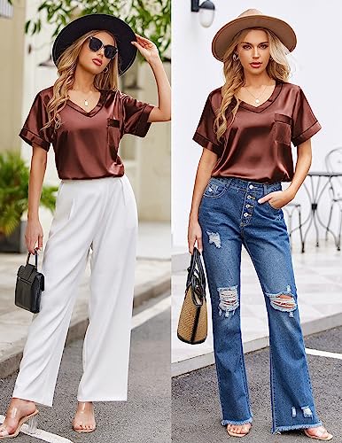 Image of Ekouaer Silk Pajama for Women Short Sleeve Satin Pj Set Two Piece Soft Sleepwear Loungewear S-XXL