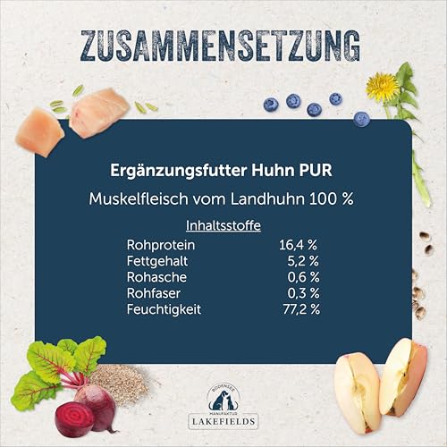 Lakefields Premium Hundefutter Nass | Huhn pur 100% | 400g | Reines Muskelfleisch | Hühnerfleisch aus Freilandhaltung vom Bodensee | Getreidefreies Nassfutter für Hunde | Regional & Naturbelassen