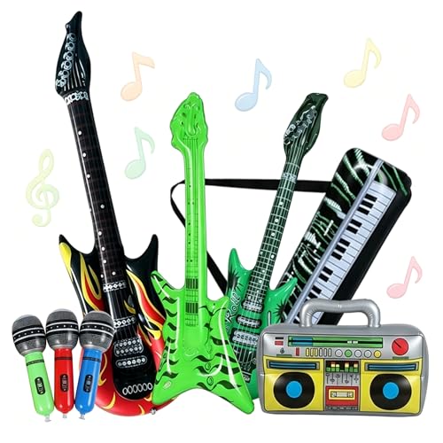 8-Piece Photo Booth Props Set with Inflatable Instruments Party Props for Music Themed Events and Photo Booth Setups Includes Microphones Radio Keyboard Guitars and Bass