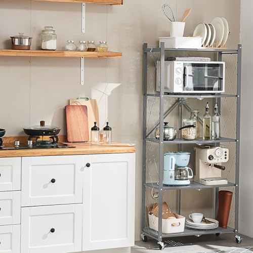 Image of BRIAN & DANY 5-Tier Foldable Storage Shelves with Wheels, Folding Metal Rack Shelving Unit, Heavy Duty No Assembly Organizer Shelf for Garage, Kitchen, Basement, Pantry, Gray