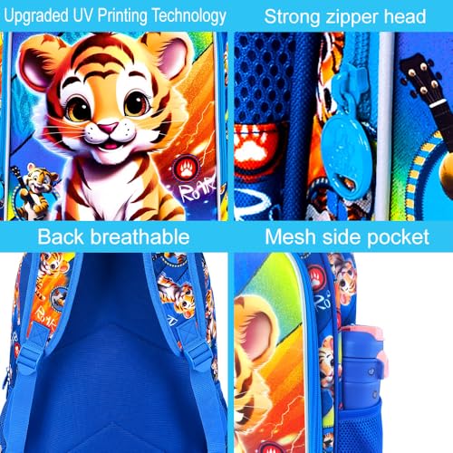 Image of 16 inch Boys Backpack, Kids Bookbag with Lunch Box, 3Pcs Tiger School Backpacks for Elementary Preschool Kindergarten (Blue)