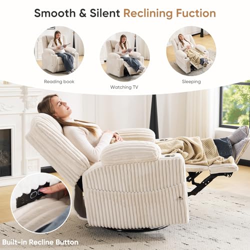 Image of Oversized Power Recliner Chair with Massage and Heat,Swivel Rocker Recliner Chair for Adults with Arm Storage,Nursery Glider Recliner with Adjustable Headrest and Side Pockets,Phone Stand,Beige