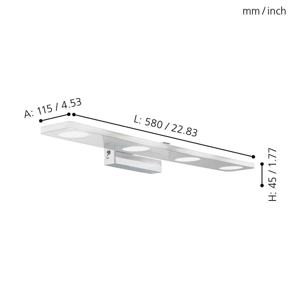 Eglo LED aplique de pared Cabus, lámpara de pared, luz LED para espejo | de metal y plástico satinado, lámpara para baño en cromo, luz LED para zonas húmedas luz cálida, IP44, L 58 cm