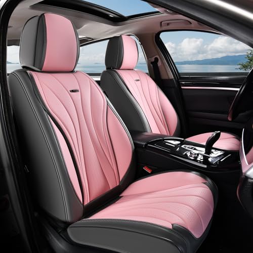 Image of Coverado Car Seat Covers Full Set, Universal Seat Cover for Cars, Luxury Faux Leather Seat Covers, Car Seat Protector Waterproof, Automotive Seat Cover, Car Seat Cushions Fit for Most Cars (Gray&Pink)