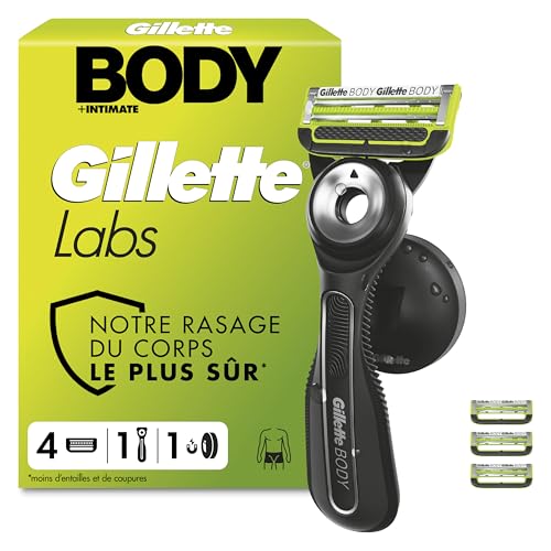 Gillette Labs Body + Intimate Rasoir Intime Homme, 4 Cartouches, Noir – Conçu pour le Rasage du Corps et du Pubis, Lames avec une Barre Anti-Poils Incarnés...