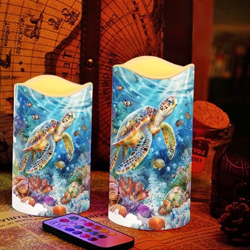 Image of Sea Turtle Pillar Candles Bulk Led Flameless Battery Operated Candles with Timer Remote Color Changing Electric Fake Candles for House Warming Home Decorations Set of 4