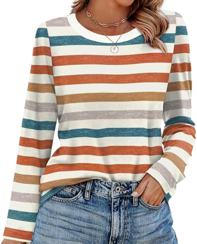 WIHOLL Womens Long Sleeve Shirts 2025 Striped Color Block Tops Fall Fashion Clothing Ribbed Crewneck Tee Blouses
