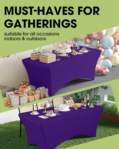 Image of Pureegg Spandex Tablecloth 6ft - 2 Pack, Fitted and Tight Cloth for Rectangle Table, Wrinkle-Free and Stretch Table Cover for Party, Wedding, Banquet and Birthday, Purple