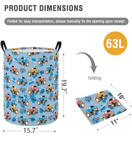 Image of Baby Laundry Hamper Basket Baby Hamper for Nursery Boy and Girl Cute Storage Bin Organizer Boho Room Decor(Monster Truck)