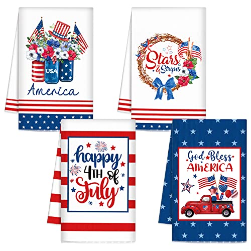 Kajaia 4 Pcs 4Th Of July Kitchen Towels 17.72 X 23.62 Inch Patriotic Dish Towels American Flag Stripe Star Memorial Day Towels Red White Blue Hand Towels Tea Towel Dishcloths For Independence Day #TOP22