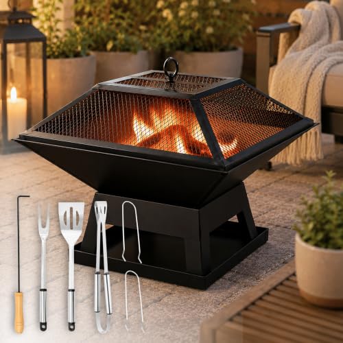 Image of 2-in-1 Square Fire Pit BBQ Grill 45cm Outdoor Wood Burner with Accessories