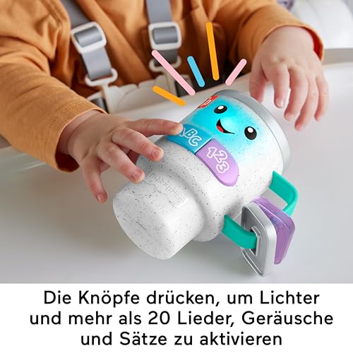 Fisher-Price Lern- und Spielspaß Barista-Becher - Interaktives Babyspielzeug, 20 Melodien, Sätze, Alphabet, Zahlen und Farben Lernen, Englisch, Deutsch oder Französisch, für Babys ab 6 Monaten, HXF49