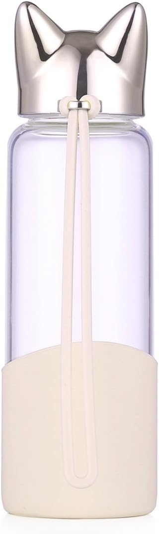 Cute Fox Glass Water Bottle 12 Ounce with Silcone Sleeve,Leak-Proof Travel Juice Mug for Girls Kids Boys(Golden)