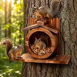 VeftBltrem Eichhörnchen Futterstation Wetterfest aus Holz mit Sichtfenster & Wandmontage, 7cm Eingang Stabil für Garten Balkon Terrasse, Futterhaus zum Beobachten von Eichhörnchen