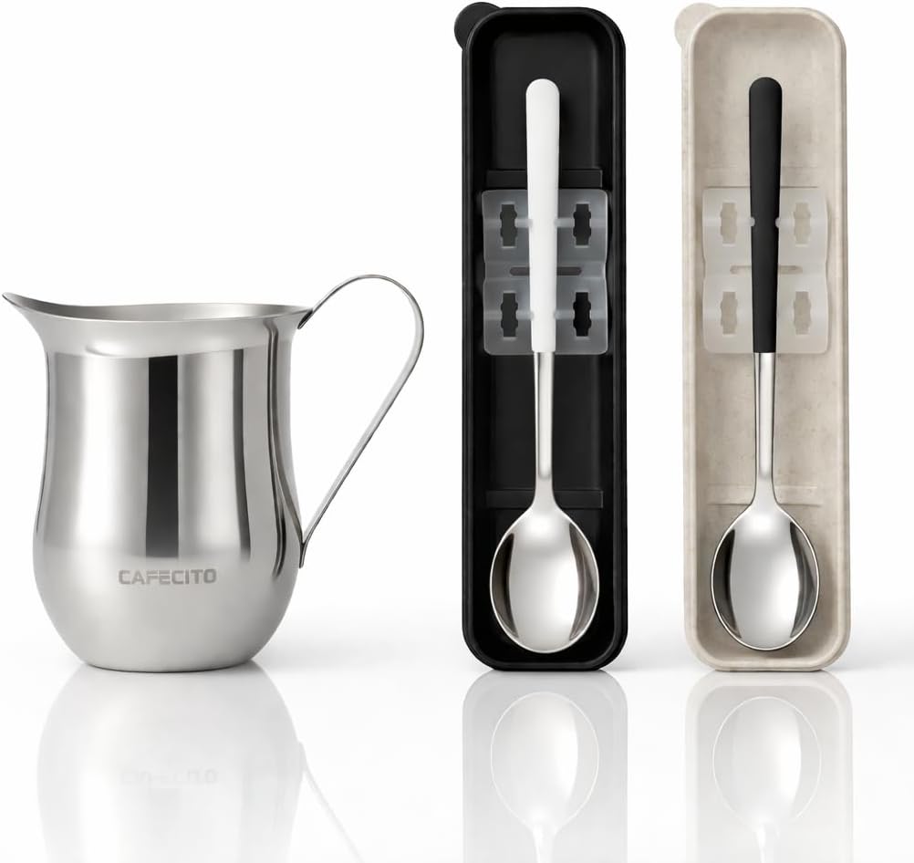 CAFECITO® Espumita Ritual Set with Spoon Cases – Cuban Coffee Preparation Kit with 6 oz Stainless Steel Crema Pitcher & 2 Espresso Whisking Spoons (Black & White) with Portable Storage Cases