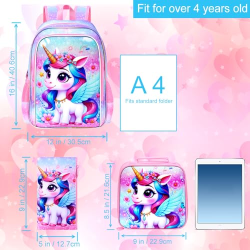 Image of CCJPX 3Pcs Unicorn Backpack for Girls, 16 inch Kids Bookbag with Lunch Box, Cute Water Resistant Schoolbag for Preschool Kindergarten Toddler(Purple)