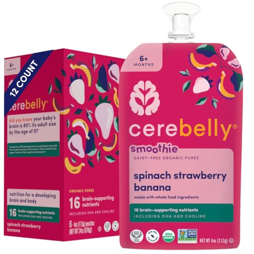 Image of Cerebelly Baby Food Pouches – Organic Dairy Free Smoothies for Toddlers | No Added Sugar, Fiber, Non-GMO | Baby Smoothie Pouches | 4 Ounce BPA-Free Pouch | Spinach Strawberry | 12 Count