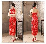 Duración: hasta el tobillo Botón de la Mujer China Vestido Largo Backless Qipao de la Vendimia Cheongsam Atractivo del satén demostración de la Etapa Ropa (Color : Red B, Size : 3XL.)