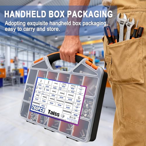 Image of Taiss 760PCS 18-8(304) Stainless Steel Hex Bolts and Nuts Assortment,1 /4-20 5 /16-18 3 /8-16 1 /2-13(Length 1 /2 inch to 2-1 /2 inch) Heavy Duty SAE Nut and Bolt Assortment,Assorted Nuts and Bolts & Washers Kit