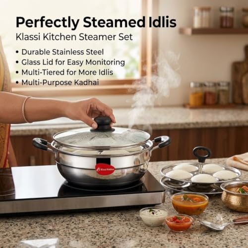 Image of Klassi Kichen Stainless Steel Multi Kadai WIth Glass Lid Induction & Standard Idli Maker (2 Plates,10 Idlis)
