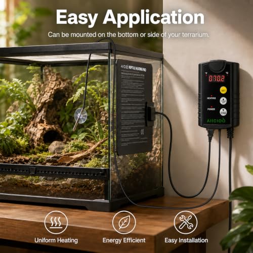 Image of Aiicioo Under Tank Heater Thermostat - Reptile Heating Pad with Temperature Control Reptile Heat Mat for Combo Set for Hermit Crab Lizard Terrarium 8W